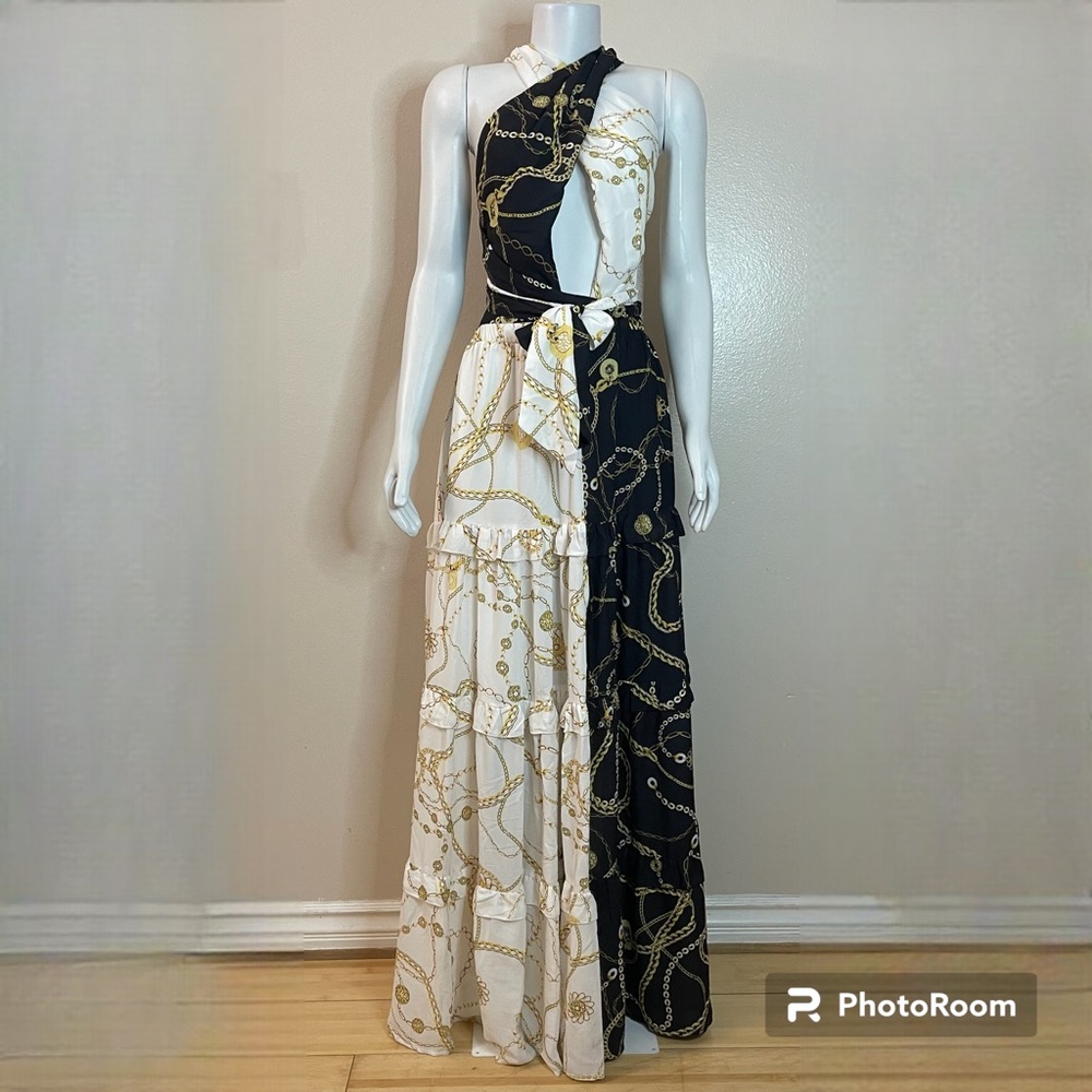 Black and white chain print halter neck bodice straps front slit  maxi dress